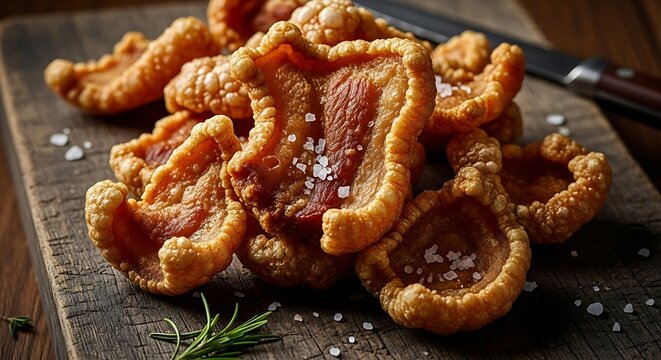 Rustic shot of Torresmo (pork belly crackling) on a wooden board. High contrast crunchy.