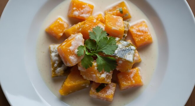 Overhead view of a simple plate of Jerimum (pumpkin) cooked with coconut milk.