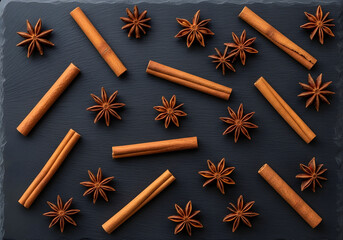 Aromatic star anise and cinnamon sticks scattered on a dark surface