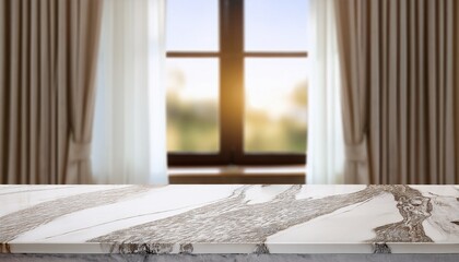 Marble Table Top On Blur Room Interior With Window Curtain Background Generative Ai