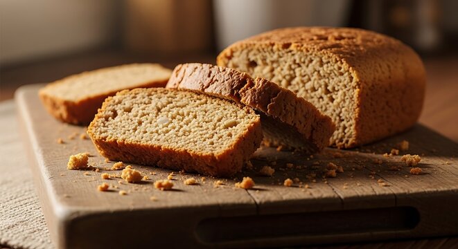 Po de Mandioca (cassava bread) sliced on a board. Rustic texture warm kitchen light.