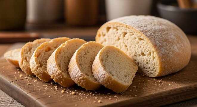 Po de Mandioca (cassava bread) sliced on a board. Rustic texture warm kitchen light.