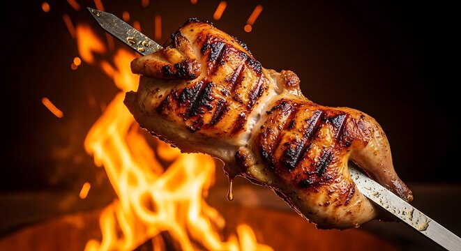 Rodzio de Galeto (mini chicken) on a skewer fire background. Dynamic intense contrast.