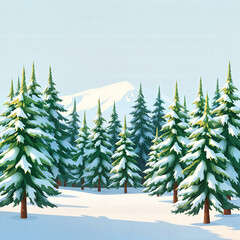 Winter landscape in a park with snow-covered evergreens and visible mountain peaks