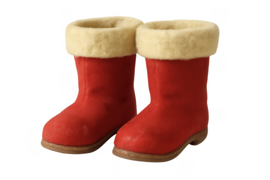 Miniature red boots with white fur trim, symbolizing christmas holiday spirit and winter cheer, transparent background