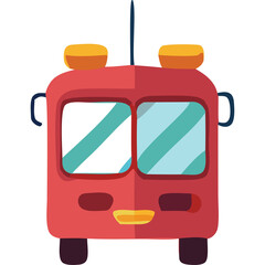 Red cartoon fire truck with yellow lights and blue windows on a transparent background isolated front view