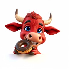 Cheerful cartoon bull holding a chocolate glazed donut with a bright white background for advertising.

