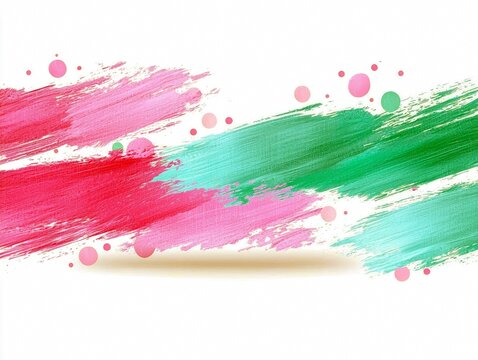 Bold, vibrant paint strokes in red, pink, and green diagonally cross a clean white background, accented by scattered pink and green dots.