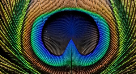 Naklejka premium Macro photograph of a vibrant peacock feather eye showing intricate iridescent blue and green patterns