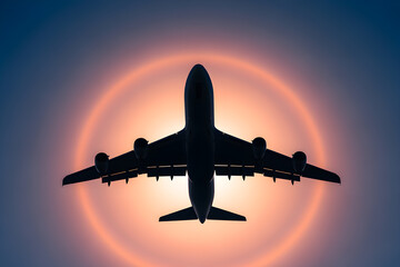 Airplane and Halo Silhouette of Airplane Crossing Dramatic Sunlight Halo in the Sky