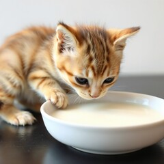 Curious kitten drinking milk from bowl, showcasing pet's feeding time and playful nature
