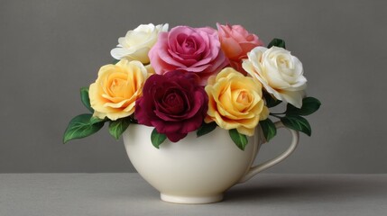 Fototapeta premium Beautiful Arrangement of Assorted Colorful Roses in Elegant Cup on Simple Grey Background for Home Decoration or Floral Themed Projects