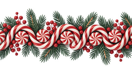 Christmas candy cane and pine garland border