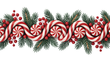 Christmas candy cane and pine garland border
