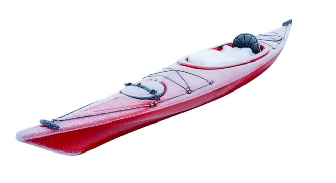 Red Kayak Covered in Frost Ready for Winter Adventure Outdoors