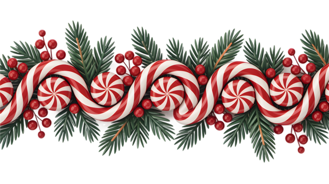 Christmas candy cane and pine garland border
