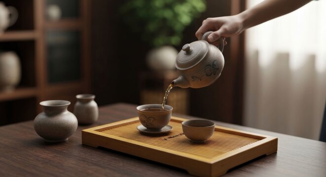 Hand pours tea from a ceramic teapot into a cup on a wooden tray - Powered by Adobe