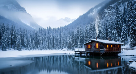 Serene winter landscape with a cozy Snowy Mountain Cabin nestled by a frozen lake and pine forest