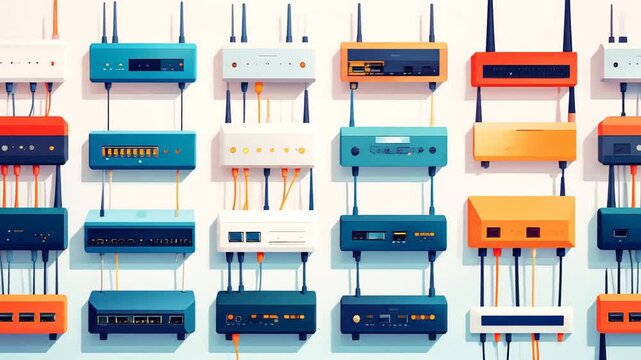 Modern Network Devices Arrayed On A White Wall With Colorful Cables Connected