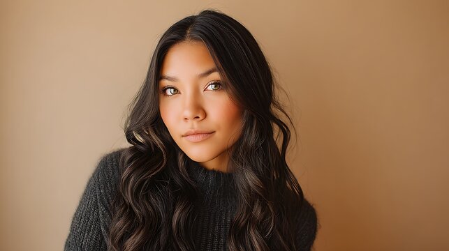 Young Woman with Long Wavy Dark Hair Wearing Black Sweater Sitting Against Beige Background