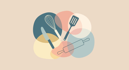 A modern flat design illustration featuring a creative composition of essential kitchen utensils for baking and cooking