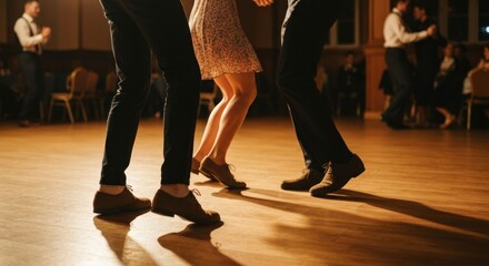 Lively ballroom scene. Dancers' legs in motion, wood floor. Others in the background