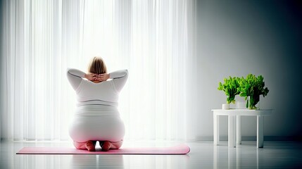 A woman with a larger body type kneels on a yoga mat, facing a window, with her hands clasped behind her head.
