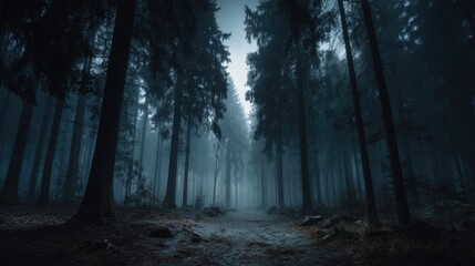 Naklejka premium Mysterious Foggy Forest Path Surrounded by Tall Pine Trees in Dark Atmosphere with Soft Light Filtering Through Dense Foliage