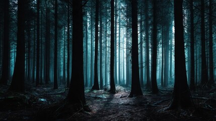 Fototapeta premium Mystical Dark Forest with Tall Trees and Soft Mist Shrouding the Ground, Creating an Enigmatic and Serene Atmosphere in Nature