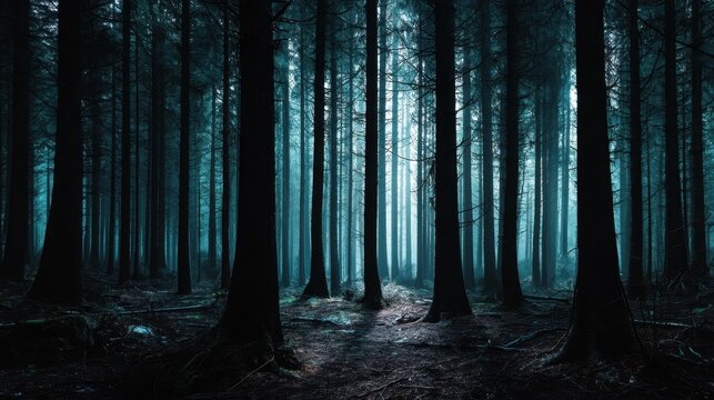 Mystical Dark Forest with Tall Trees and Soft Mist Shrouding the Ground, Creating an Enigmatic and Serene Atmosphere in Nature - Powered by Adobe