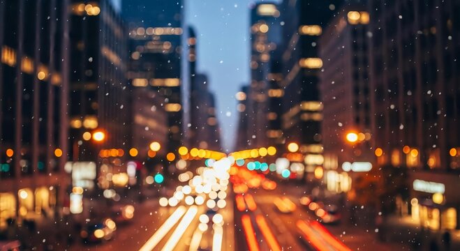 Dynamic urban night scene with blurred traffic lights and glowing street lamps, softly falling snow adds a magical bokeh effect to the bustling metropolitan atmosphere