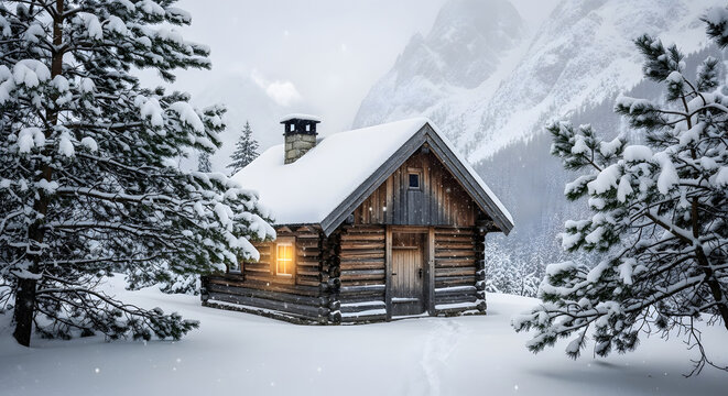 A tranquil and rustic Snowy Mountain Cabin nestled in a serene winter forest landscape during a gentle snowfall - Powered by Adobe