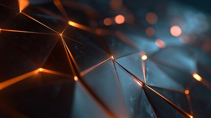 Abstract Dark Geometric Surface with Orange Glowing Lines and Blue Highlights