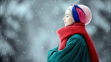 A young woman wearing a pink hat, red scarf, and teal coat stands with her eyes closed, seemingly enjoying the falling snow.