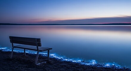 Peaceful waterside view as a lone wooden bench rests on the tranquil shore, bathed in the soft glow of twilight and enchanting blue luminescence
