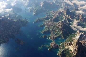 Aerial View of Majestic Mountain Ranges Surrounded by Crystal Clear Lakes and Lush Greenery in Bright Daylight