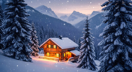 Fototapeta premium Serene winter landscape featuring a glowing Snowy Mountain Cabin as snowflakes gently fall at dusk