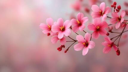 Obraz premium Delicate pink blossoms on a branch against a soft blurred background showcasing the beauty and elegance of nature in springtime garden scenery