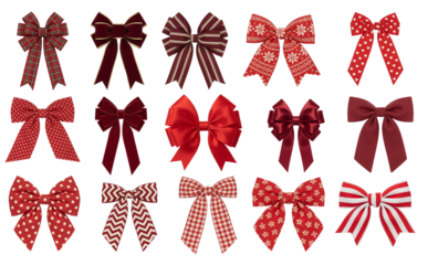 Christmas ribbon bow collection with assorted red patterns and festive styles isolated on transparent background for holiday design projects