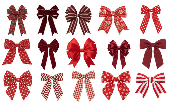 Christmas ribbon bow collection with assorted red patterns and festive styles isolated on transparent background for holiday design projects