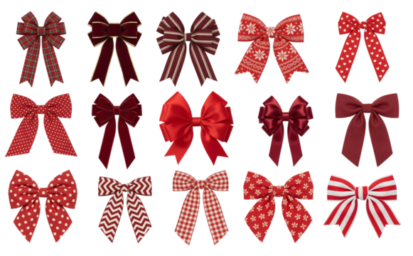 Christmas ribbon bow collection with assorted red patterns and festive styles isolated on transparent background for holiday design projects
