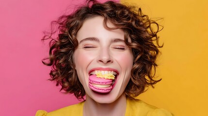 Young Woman with Curly Hair Eating Colorful Macarons Smiling Playfully Against Bright Pink and Yellow Background