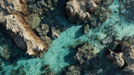Aerial View of Clear Turquoise Water Flowing Through Rocky Terrain Surrounded by Lush Greenery in a Tropical Setting