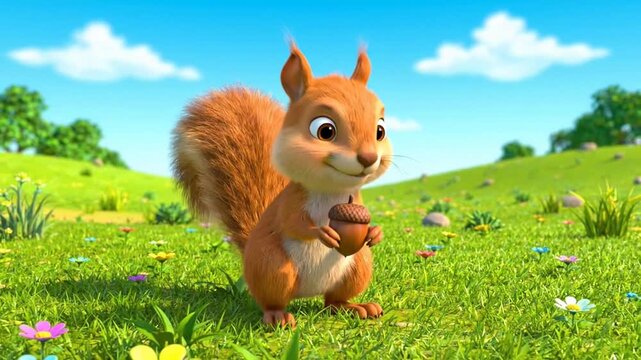 A cute cartoon squirrel holding an acorn in a bright landscape.