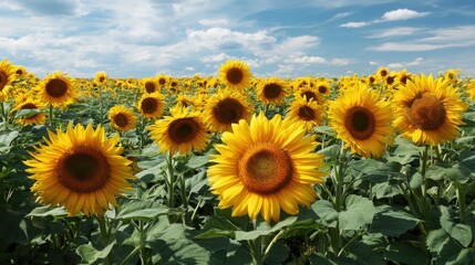 Fototapeta premium Vibrant Sunflower Field Under a Bright Blue Sky with Fluffy Clouds and Lush Green Leaves Capturing the Essence of Summer's Beauty and Joy