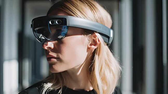 Close up of young woman wearing futuristic augmented reality smart glasses headset looking ahead in bright modern environment