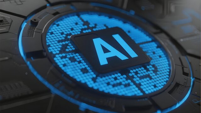 Digital AI chip with glowing blue circuit design and central AI symbol