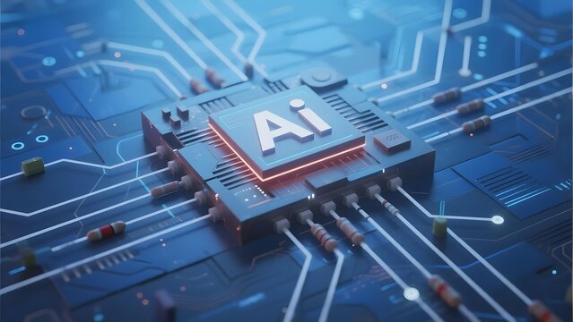 AI processor chip on a circuit board with glowing connections and electronic components