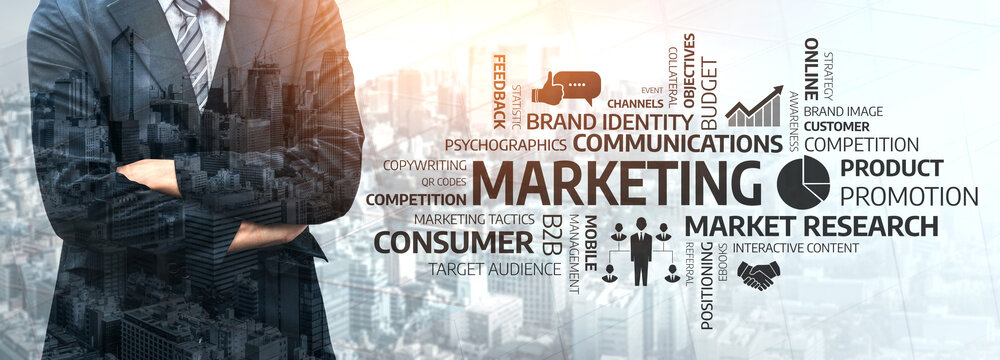 A professional businessman stands confidently with arms crossed, overlooking a city while various marketing concepts surround him, ideal for corporate themes. Tessel