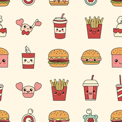 Cute Kawaii Fast Food Pattern with Burgers and Fries. Vector Illustrations. EPS Editable